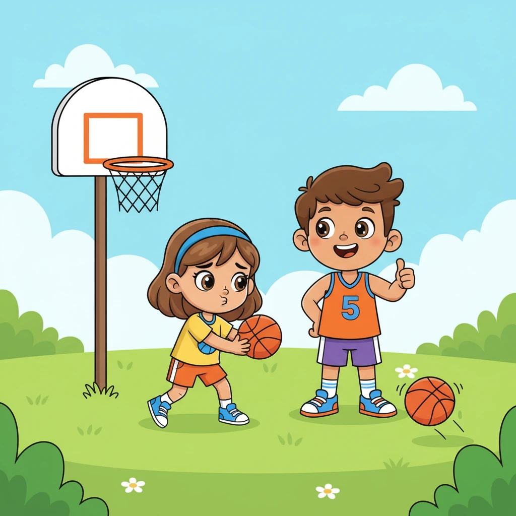 Now it's Mia's turn! She holds the ball, takes a wobbly step, and pushes it with all her might. The ball tumbles past the basket, rolling into the grass. Mia pouts for a second, but Leo quickly gives her a thumbs-up.