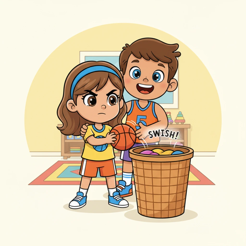 Leo helps Mia position herself again, gently guiding her hands. She concentrates hard, pushes the ball, and this time, with a little lucky bounce off the edge, it plunks right into the laundry basket! A perfect 'swish!'