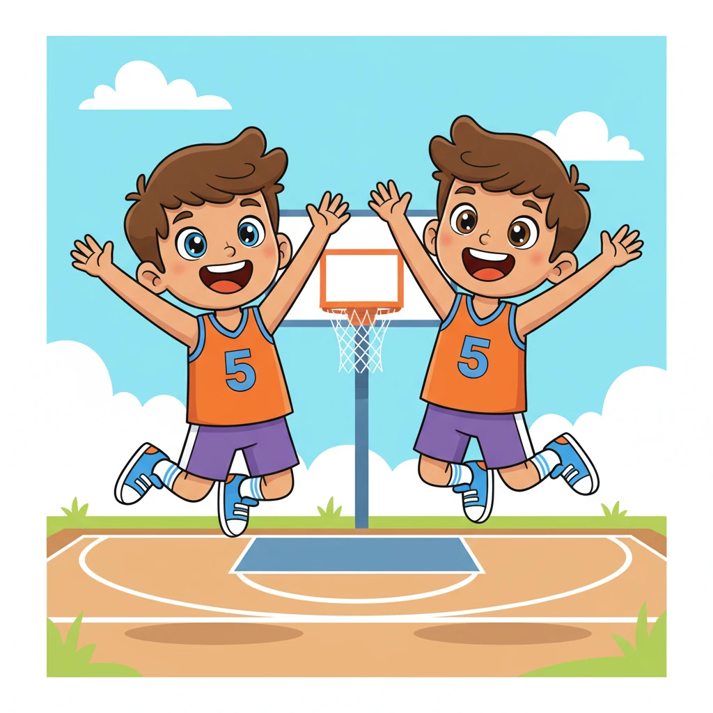 Mia's face lights up with pure joy, a wide, triumphant grin spreading from ear to ear. Leo throws his arms in the air, celebrating his little sister's amazing shot with an enthusiastic 'Hooray!' They jump up and down together.