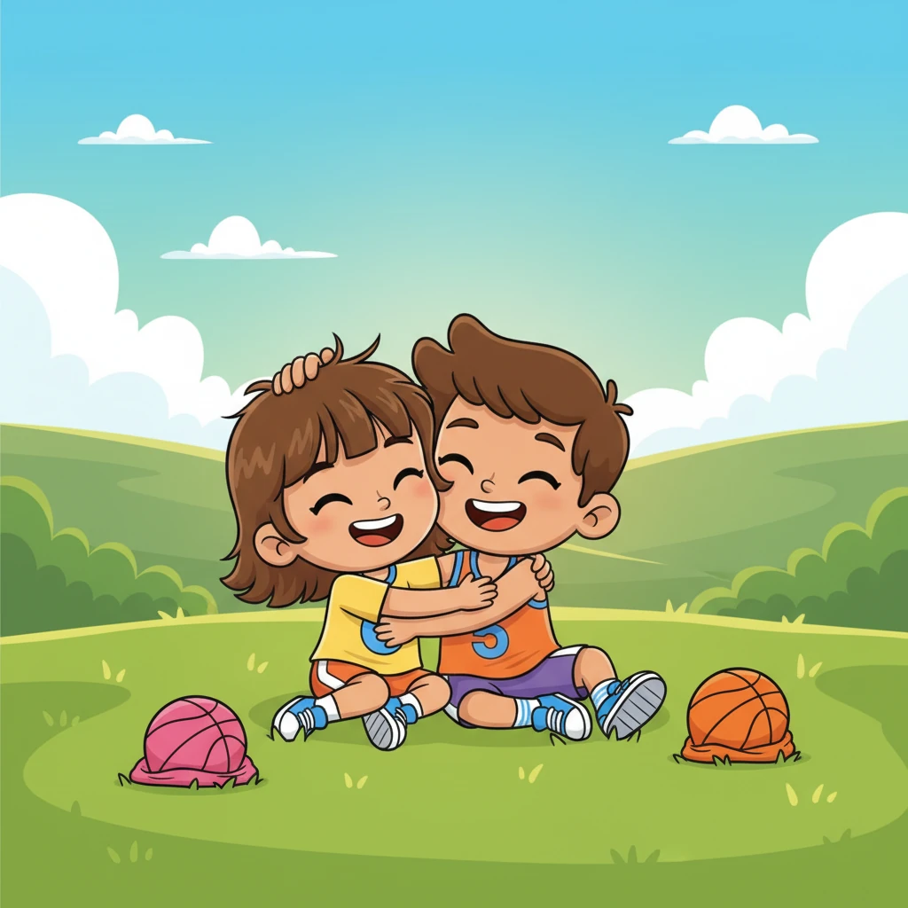 Exhausted but happy, the two siblings collapse onto the grass, sharing a warm, contented hug. Leo ruffles Mia's hair, proud of her effort and their fun game. They knew this was just the beginning of many more exciting basketball adventures together.