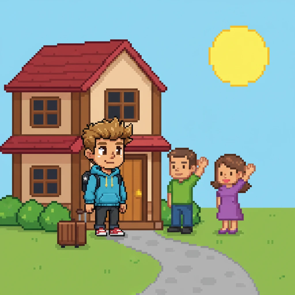 Haruto stands at the pixelated doorway of his childhood home, a small, blocky suitcase by his feet. His parents, drawn with simple, loving smiles, wave goodbye. The sun is a bright yellow circle in a sky of light blue pixels, marking a new beginning.