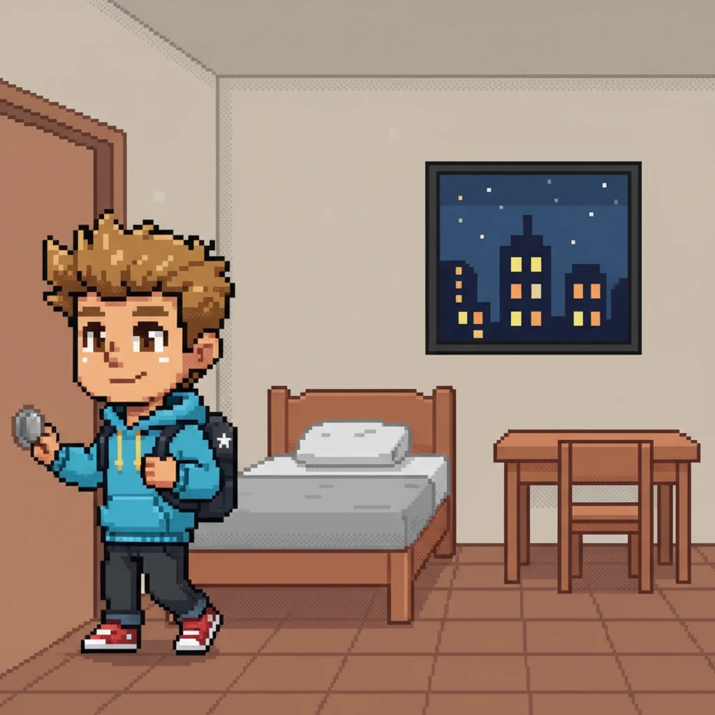 Haruto enters his new dorm room, a single bed and a small desk the only furnishings in the stark, empty space. A lone window shows a pixelated cityscape outside. He looks around, a mix of excitement and trepidation on his blocky face.