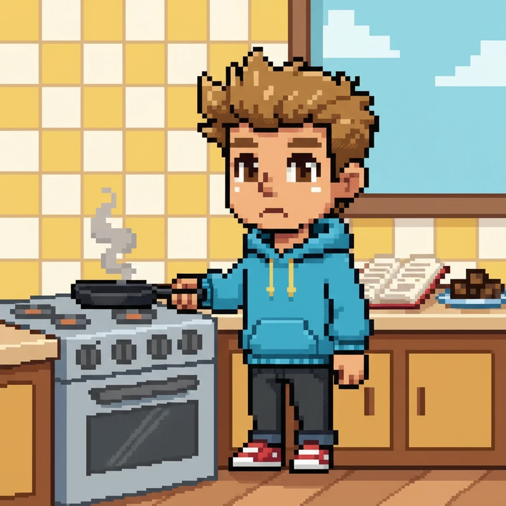 Haruto attempts to cook his first meal, a pixelated frying pan smoking slightly on a stove made of simple geometric shapes. A blocky cookbook lies open, while a pile of somewhat burnt, square-shaped food rests on a plate. His expression is one of slight bewilderment.