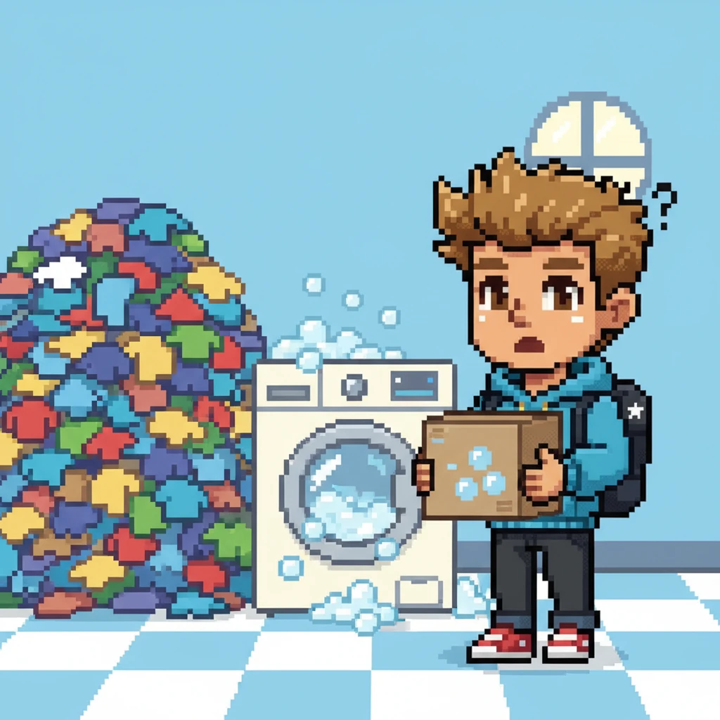 Haruto stares at a towering pile of colorful, blocky clothes next to a pixelated washing machine. Bubbles overflow slightly from the machine, indicating a minor mishap. He holds a box of detergent, looking utterly confused by the task ahead.