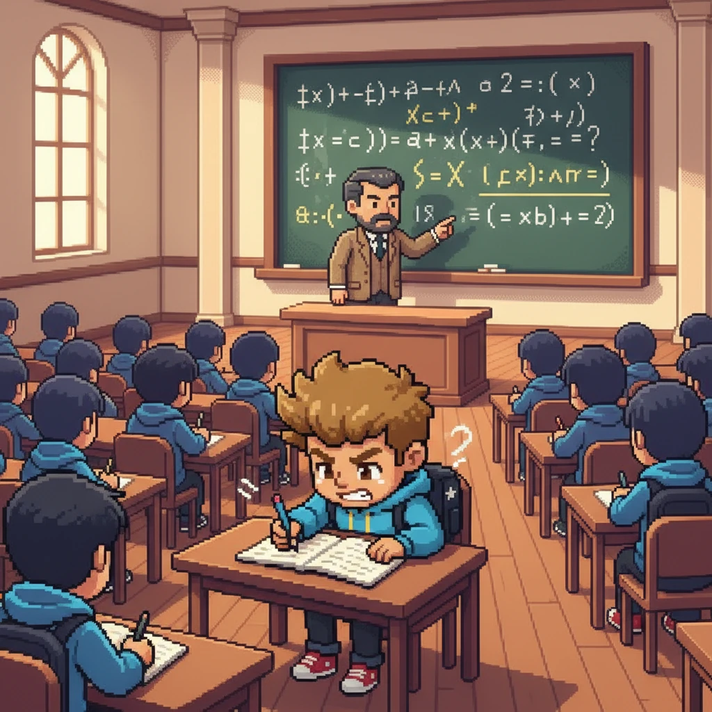 Haruto sits in a vast, pixelated lecture hall, surrounded by other students represented by simple silhouettes. A large, blocky professor stands at the front, pointing to complex equations on a chalkboard. Haruto tries to furiously scribble notes, a determined look on his face.