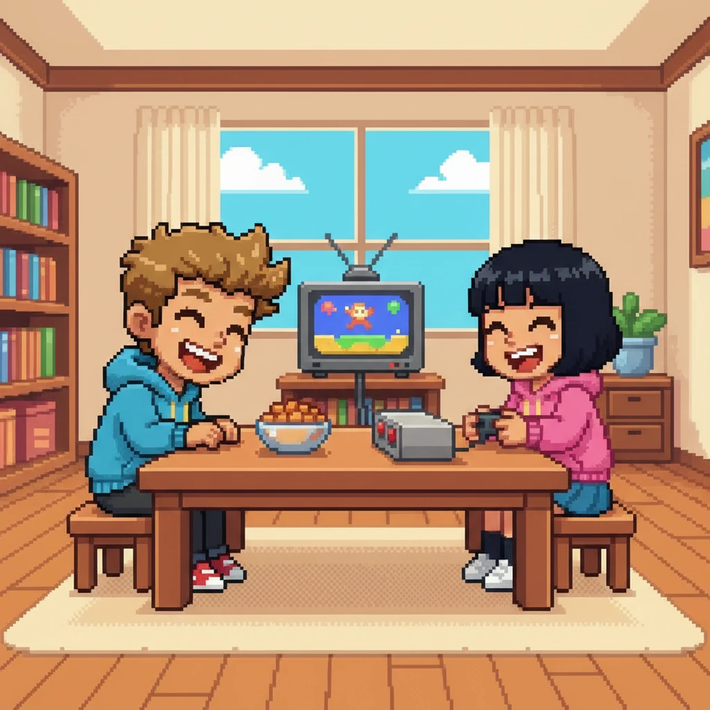 In a brightly lit, pixelated common room, Haruto shares a laugh with another student, both rendered with simple, friendly expressions. They are sitting at a blocky table, perhaps playing a retro video game on a console with a limited color palette. A pixelated snack is on the table.