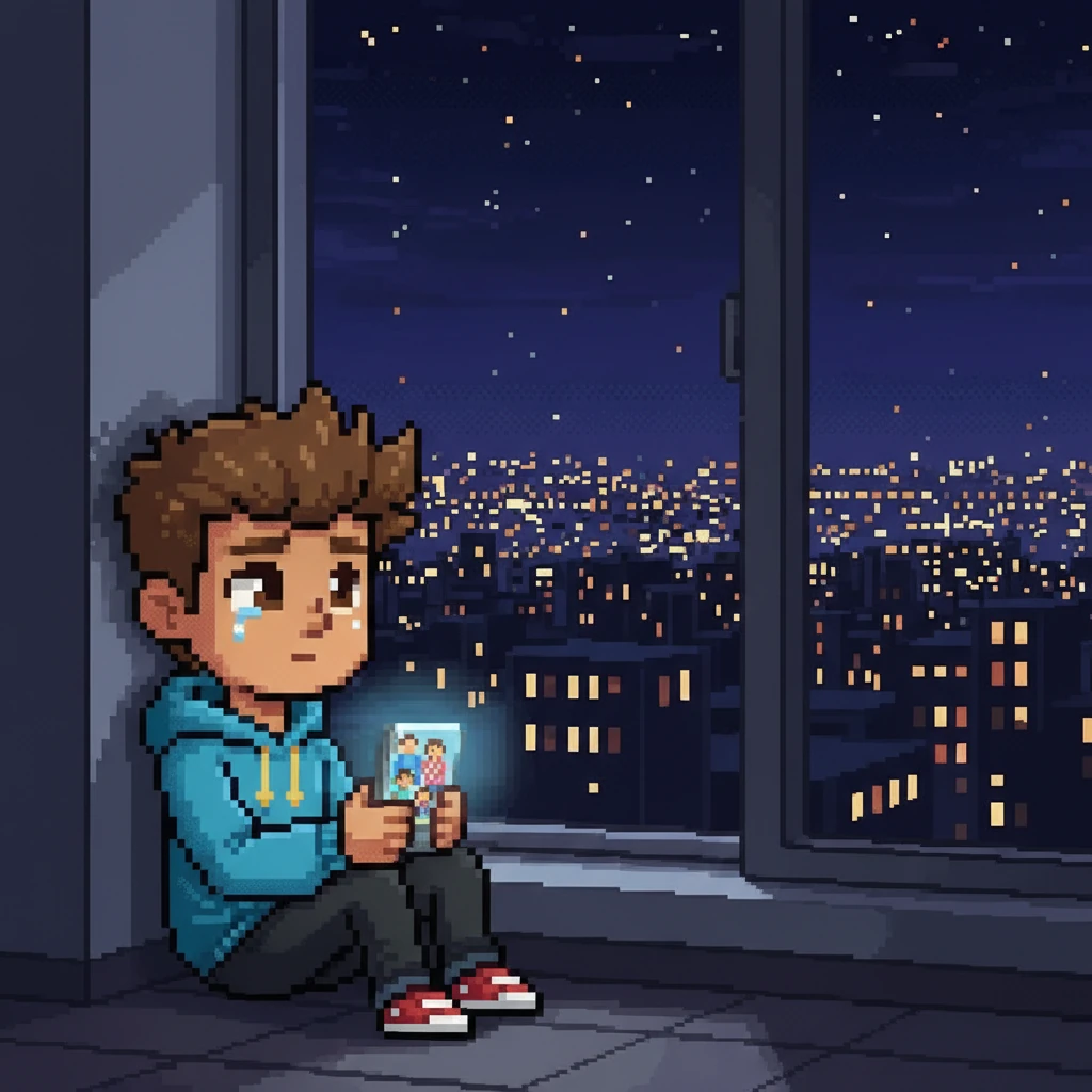 Haruto sits by his dorm window at night, looking out at the pixelated city lights twinkling in the dark blue sky. His phone, a small glowing rectangle, shows a simple pixelated image of his family. A single pixelated tear might be visible, conveying a touch of homesickness.