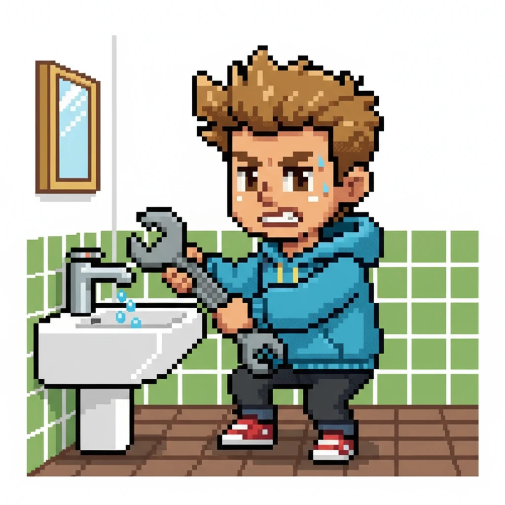 Haruto, armed with a blocky wrench, attempts to fix a dripping, pixelated faucet in his small bathroom. Water droplets are clearly visible in the limited color palette. He looks focused and a little frustrated, but committed to solving the problem himself.
