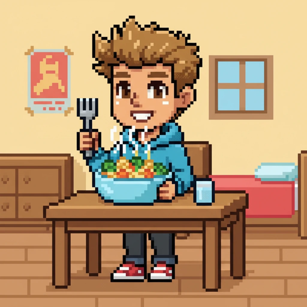 Haruto proudly presents a perfectly cooked, albeit still blocky, meal of pasta and vegetables on his desk. The steam rises in simple white pixels. He holds a fork, a wide, satisfied smile on his face, feeling a sense of accomplishment.