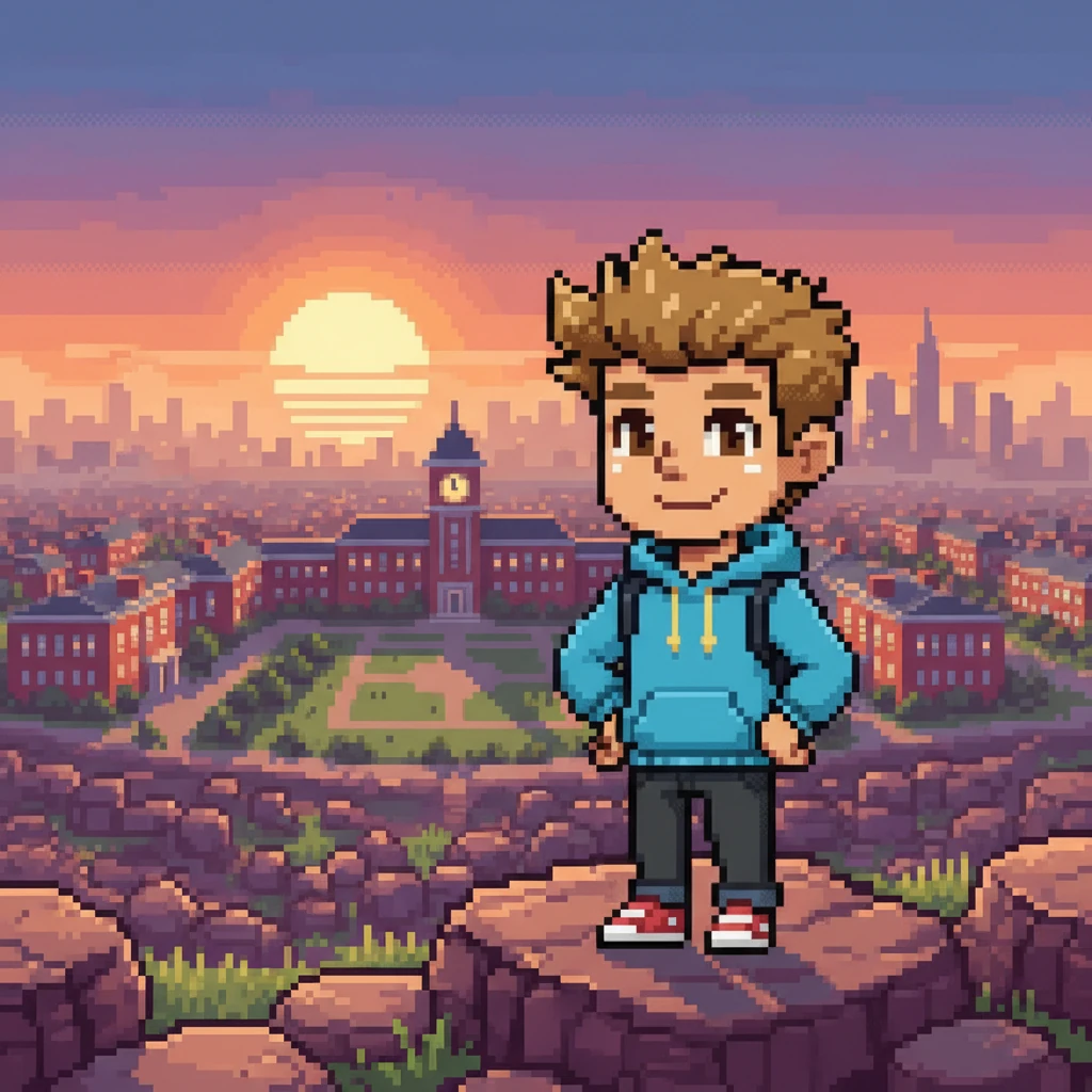 Haruto stands at a pixelated viewpoint overlooking the college campus and city, a determined and hopeful expression on his face. The sun rises in the distance, casting long, blocky shadows. He feels ready for whatever comes next, a true adult in the making.