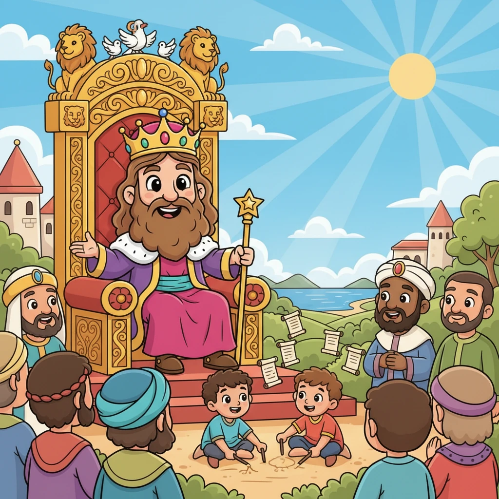 In the sunny land of Israel, lived King Solomon, known far and wide for his incredible wisdom. God had blessed him with a heart as vast as the seashore, and his clever proverbs and beautiful songs echoed across many nations. Everyone knew of his legendary understanding, which was truly a gift from above.