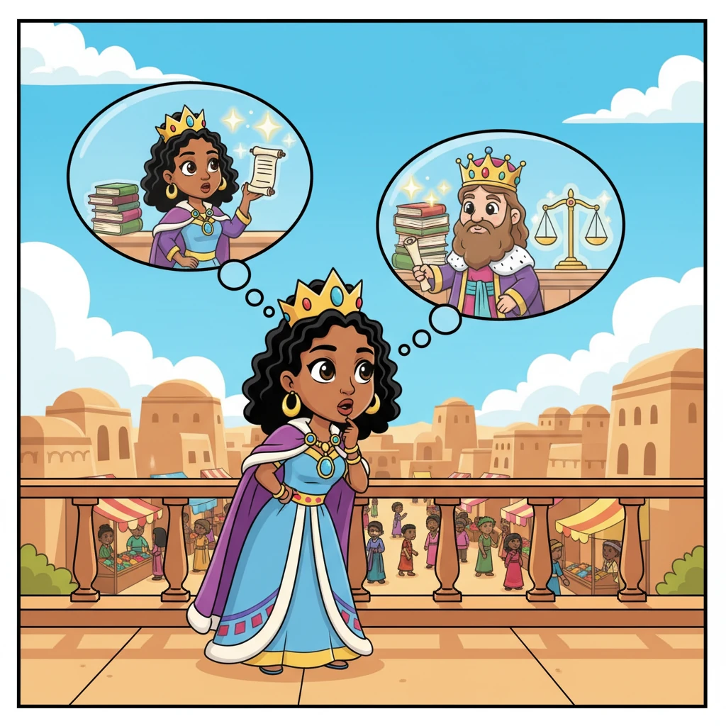 Far away, in the bustling kingdom of Sheba, Queen Makeda heard wondrous tales of King Solomon. These stories weren't just about riches, but about a king filled with divine wisdom and understanding. Her imagination sparked, and she wondered if such a marvel could truly exist.