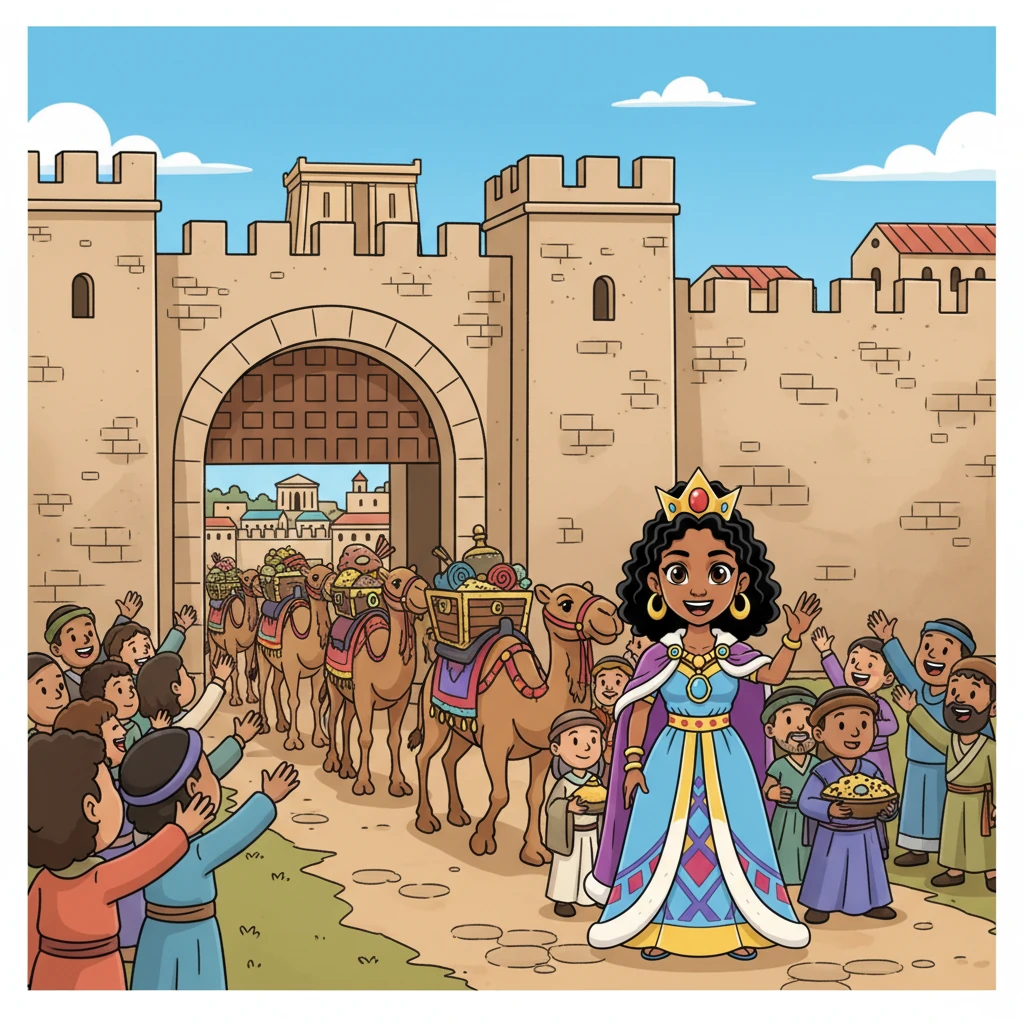 A magnificent procession soon left Sheba, a train of cheerful camels laden with exotic spices, sparkling gold, and precious jewels. Queen Makeda arrived in Jerusalem with immense splendor, a sight never before seen in the city. The air hummed with excitement as her grand caravan entered the city gates.