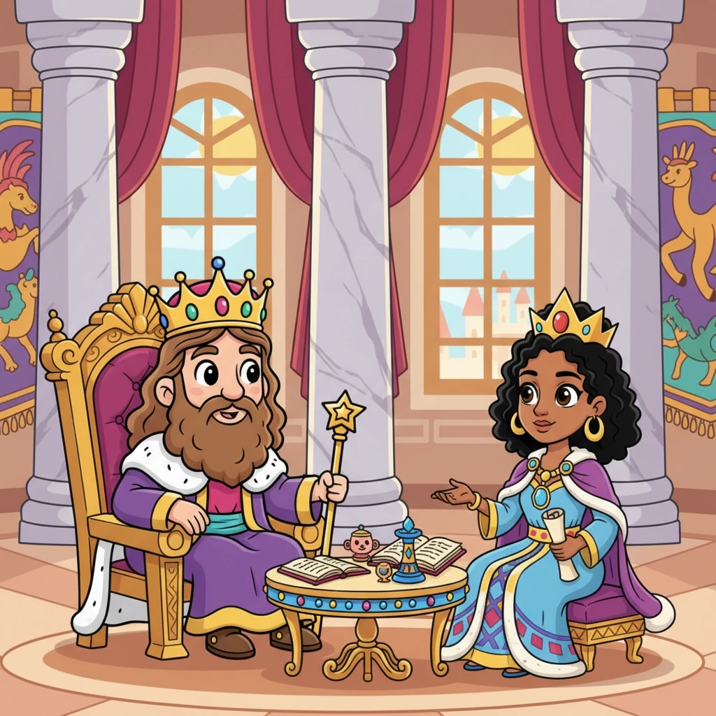 Queen Makeda was led to King Solomon, where she sat before him, ready to unveil her deepest thoughts. She presented him with challenging riddles and complex questions about life, kingdoms, and justice. Her eyes sparkled with anticipation, eager to see if his wisdom matched the tales.