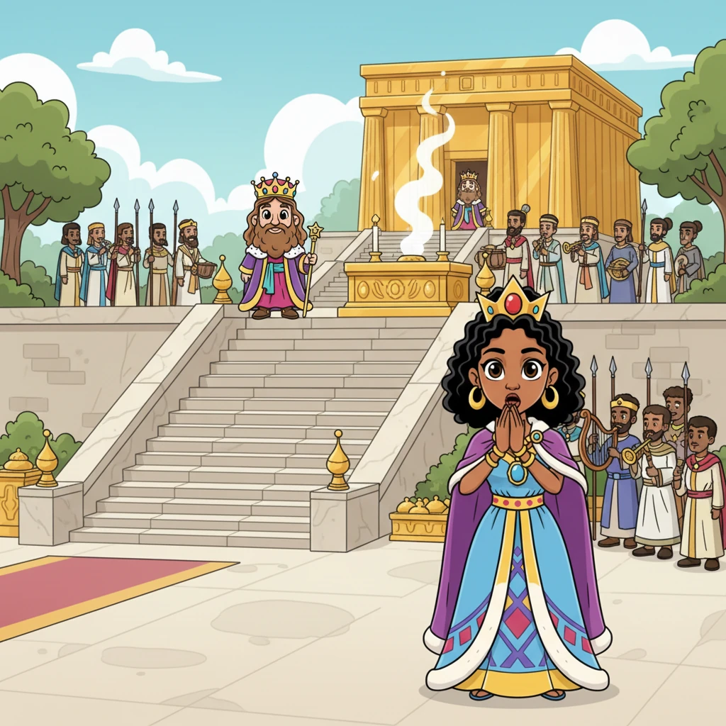 Finally, she witnessed King Solomon's reverent ascent to the House of the Lord, where he offered sacrifices. Seeing the perfect order, vast prosperity, and deep reverence of his court, Queen Makeda was utterly breathless. Her spirit was completely overwhelmed with wonder and awe.