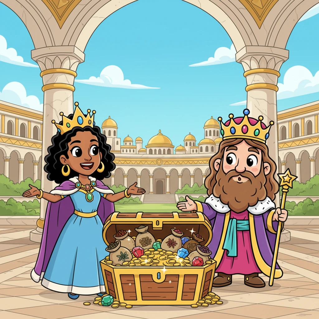 With a joyful heart, Queen Makeda declared, 'The reports I heard were true, yet they did not tell half of it! Your wisdom and prosperity far exceed anything I could have imagined.' She then offered King Solomon a hundred and twenty talents of gold, rare spices, and precious stones, a gift of unmatched generosity.