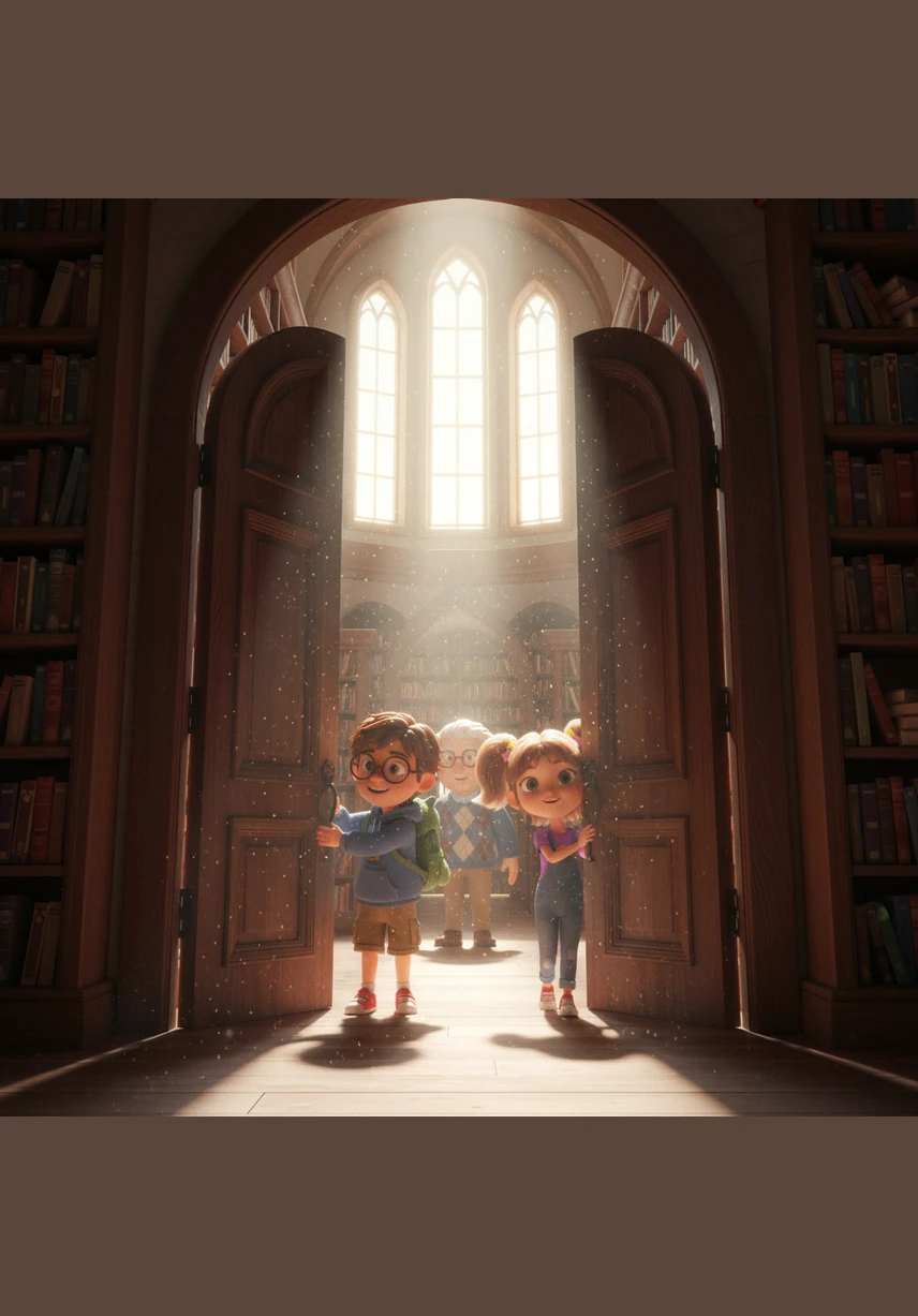 Leo and Maya pushed open the heavy oak doors of the Whispering Woods Library, feeling the cool air hit their faces. Sunlight streamed through tall windows, illuminating millions of tiny dust motes dancing over rows of colorful books that reached toward the ceiling.