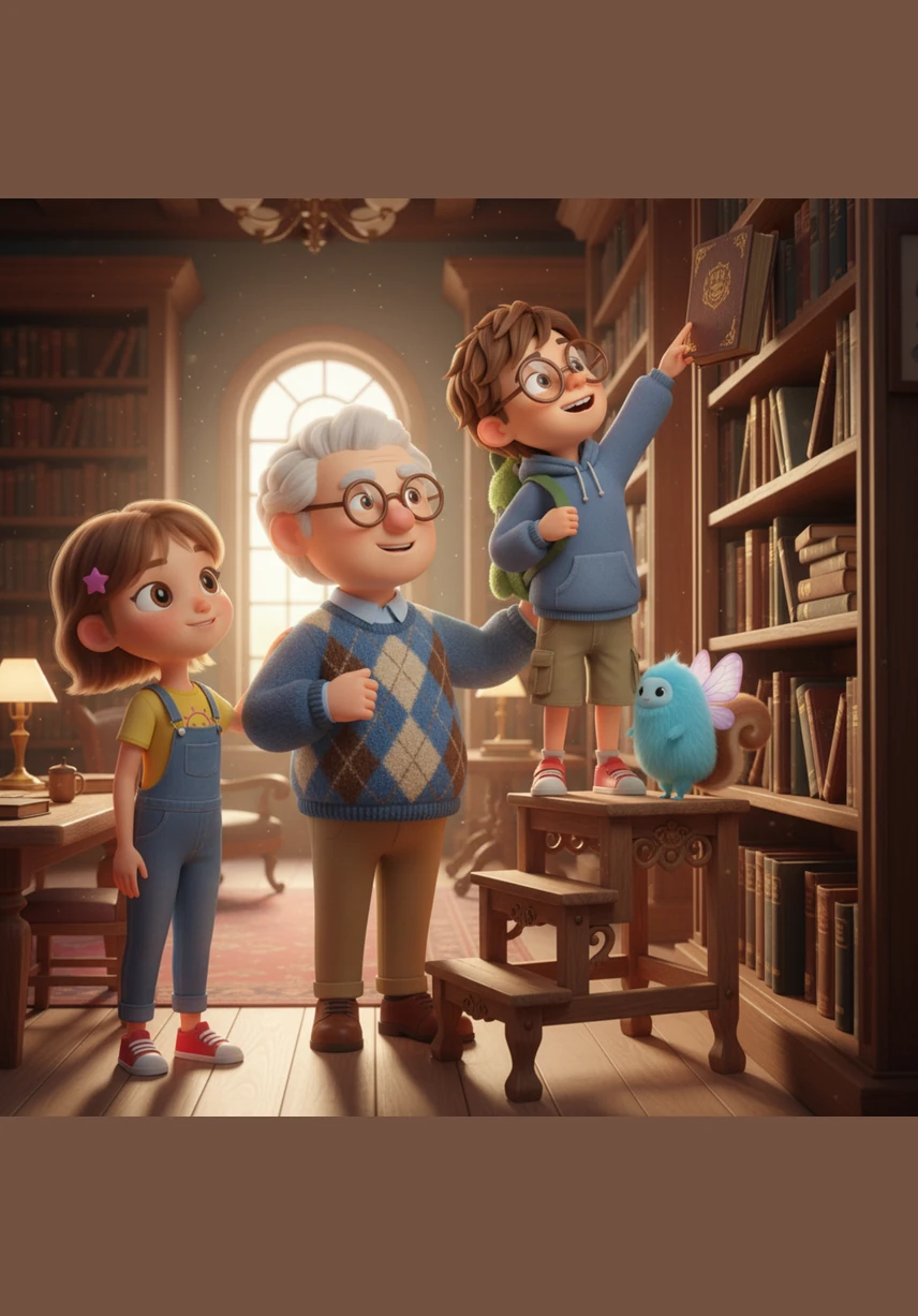 They stopped in front of a high shelf filled with books about the stars, planets, and the deep mysteries of space. Mr. Page reached up high and pulled down a shimmering blue volume that seemed to hum with a quiet, hidden energy.