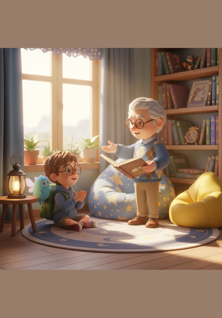 The children followed him to a cozy reading nook tucked away in a sunlit corner, filled with plush beanbags and a soft, patterned rug. It was the perfect secret spot for two young explorers to begin their journey into the unknown.