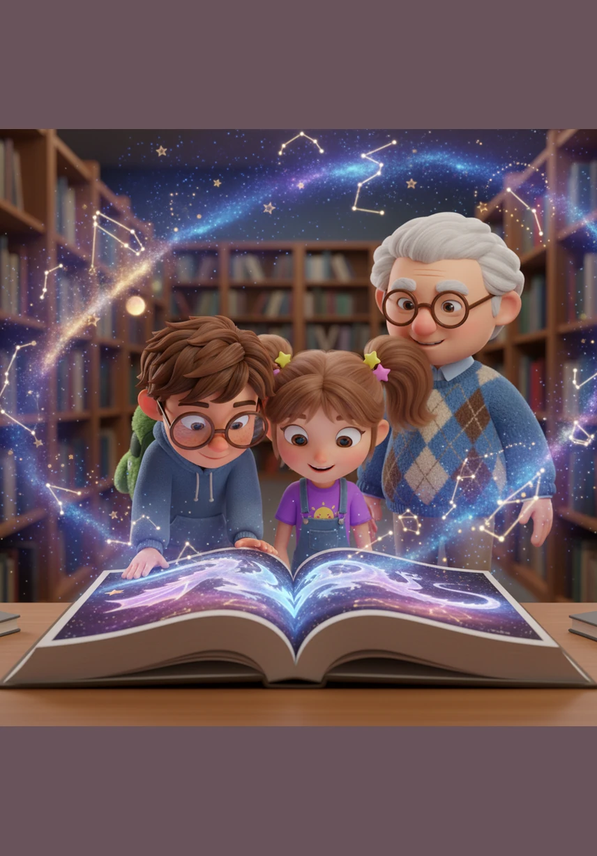 Leo leaned in close, pointing at a drawing of a dragon made of stardust that stretched across two wide pages. Together, they whispered the words aloud, feeling the quiet library around them transform into a vast, cosmic playground.