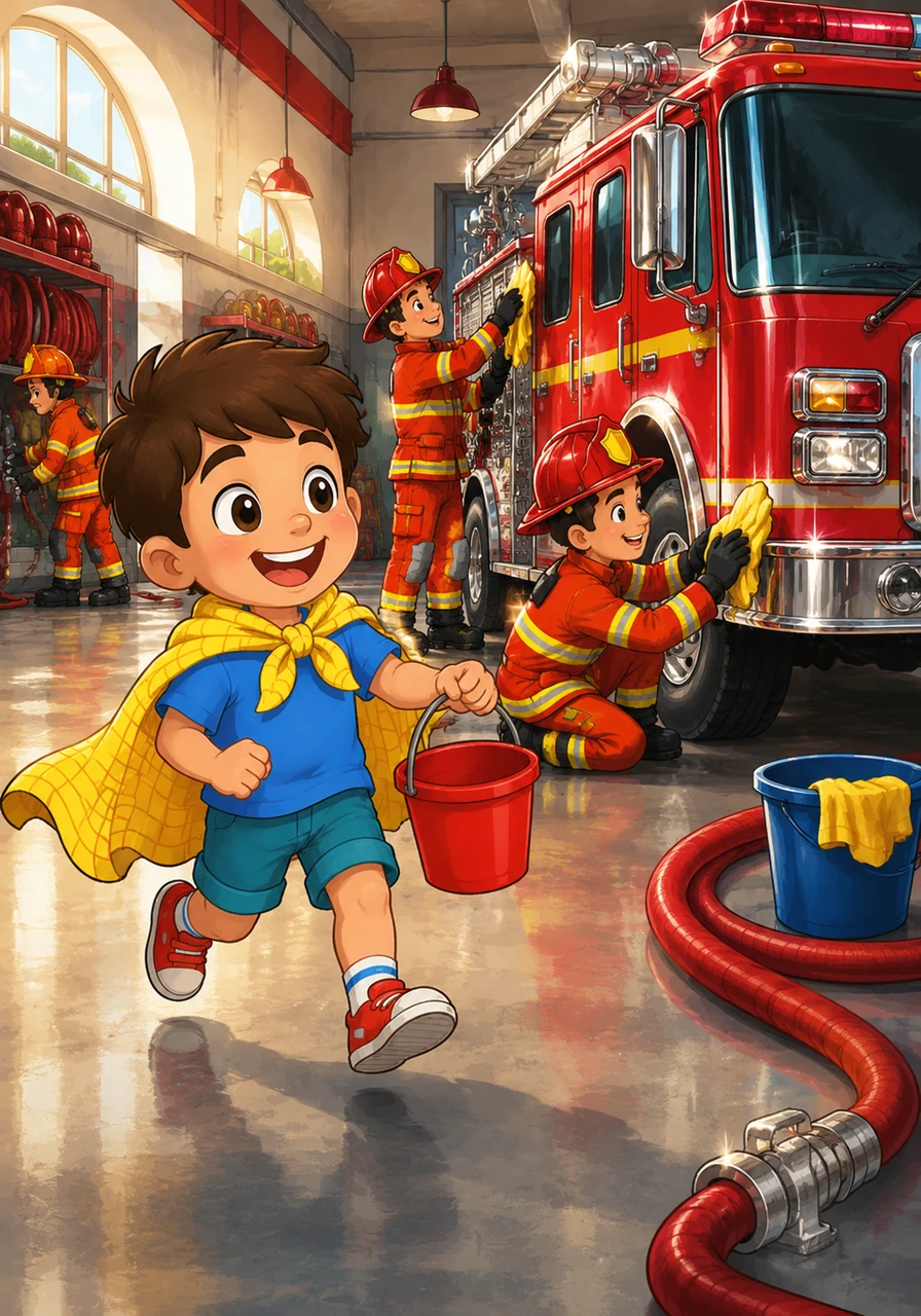 Leo skipped toward the Coreville Fire Station, clutching his trusty red bucket and wearing a cape made from a bright yellow dish towel. Inside, the station was a whirlwind of shiny chrome, long hoses, and firefighters polishing the big red truck until it sparkled like a ruby.