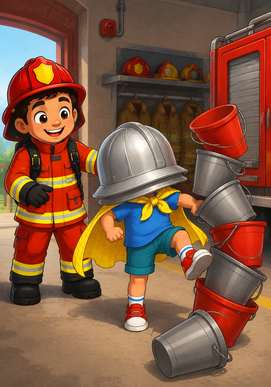 Chief Barnaby handed Leo a giant silver helmet that immediately slipped down, covering the boy's entire face and resting on his shoulders. Leo’s muffled voice echoed from inside the metal dome, "I'm ready for hero duty, Chief!" while he accidentally marched straight into a stack of empty buckets.