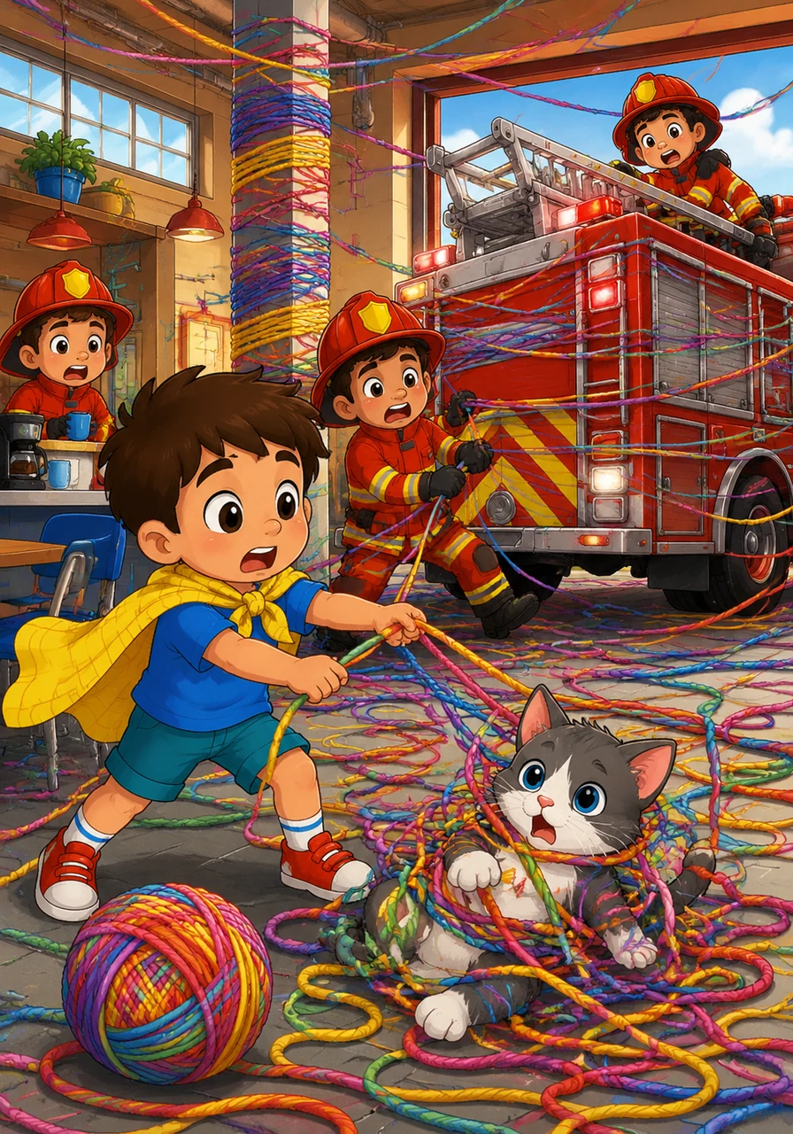 The first "emergency" of the day arrived when a kitten named Sprinkles got tangled in a mountain of rainbow yarn in the breakroom. As Leo tried to help, the yarn caught on the back of a moving fire truck, and the entire station began to look like it was being wrapped in a giant, colorful sweater.