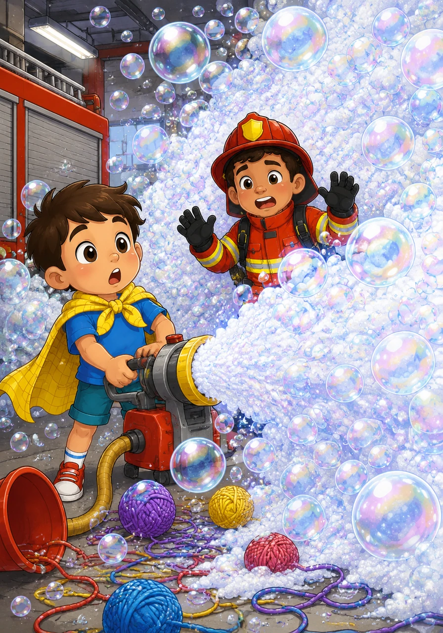 To clean up the yarn mess, Leo helped Firefighter Flo with the "Super-Suds 3000" hose, but he accidentally toggled the "Extreme Bubble" switch. Instead of a gentle stream of water, a literal wall of shimmering, bouncy bubbles erupted from the nozzle, filling the garage in seconds.
