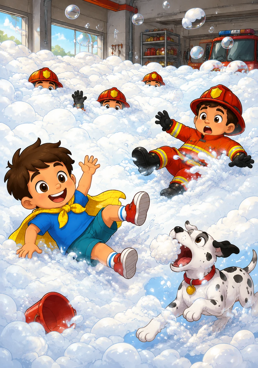 Chaos ensued as the bubbles grew so high that only the firefighters' helmets were visible, bobbing along the surface like little yellow boats. Every time someone tried to take a step, they let out a surprised "Whoop!" and slid across the floor, while the station dog, Sparky, tried to catch the floating foam in his mouth.