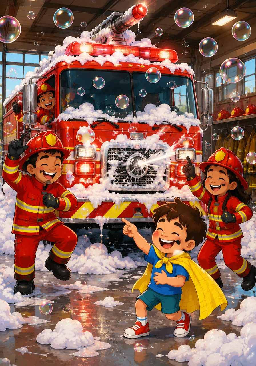 Amidst the foam, the fire truck’s horn developed a silly glitch; every time a bubble popped on the front grill, it let out a loud, cheerful "HONK-A-DOODLE!" Leo couldn't stop giggling as the station turned into a rhythmic, honking bubble disco with firefighters dancing to the beat.