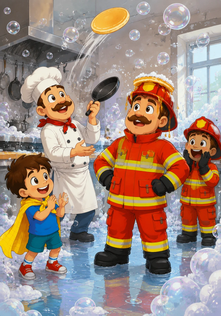 It was time for the annual pancake breakfast, but the bubbles had invaded the kitchen, making the floor as slippery as a skating rink. The chef flipped a pancake so high it vanished into the bubble clouds, only to land perfectly on Chief Barnaby’s head like a delicious, golden crown dripping with syrup.