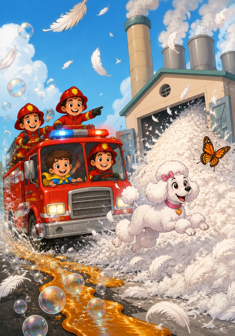 Suddenly, a new "emergency" was announced: the Mayor’s prize-winning poodle was chasing a butterfly into a giant pile of feathers at the pillow factory next door. The firefighters piled into the truck, trailing a long, fluffy stream of bubbles and syrup behind them like a chaotic parade float.