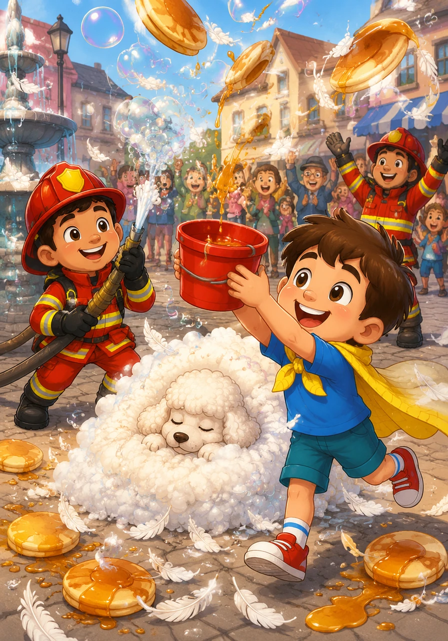 The town square became a hilarious spectacle of feathers, bubbles, and flying pancakes as the team "rescued" the poodle, who was actually just taking a nap in the fluff. Leo used his red bucket to catch falling syrup, making sure no pancake went un-sweetened while the whole town cheered for their bubbly heroes.