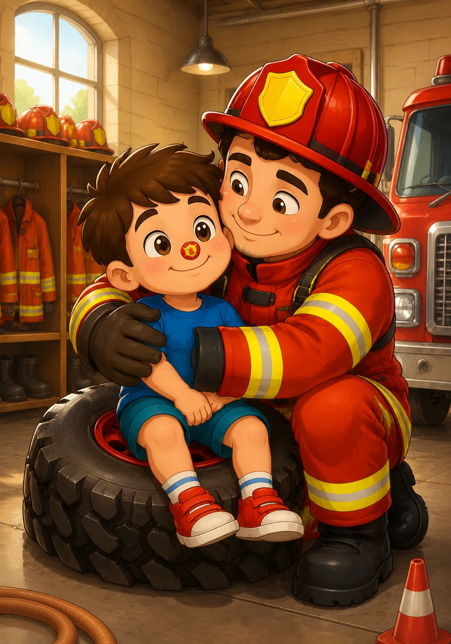 Back at the quiet station, a tired Leo sat on a giant fire tire, wearing a "Junior Fire Chief" sticker right on the tip of his nose. Chief Barnaby gave him a big squeeze and whispered, "Great job, Leo—we’ve never had a 'bubble-wrapped' Tuesday before, and I think the town smells much better now!"