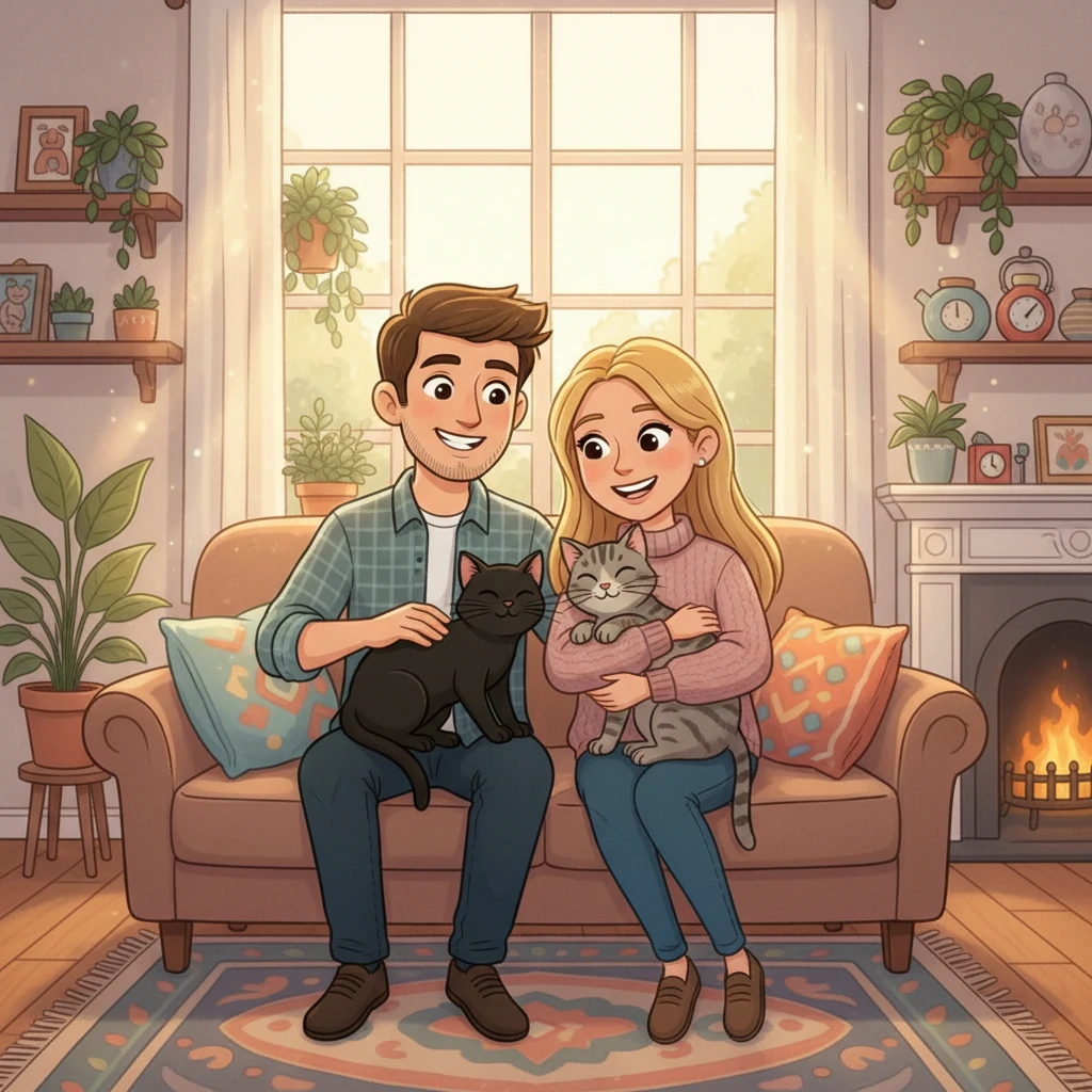 Papa (Alexis) et maman (Céline) vivaient heureux avec leurs deux chats, Titi, un chat noir, et Loulou, un chat gris tigré. Leur maison était remplie de rires, de câlins et de ronronnements. Les jours passaient doucement, baignés de soleil et de sérénité.