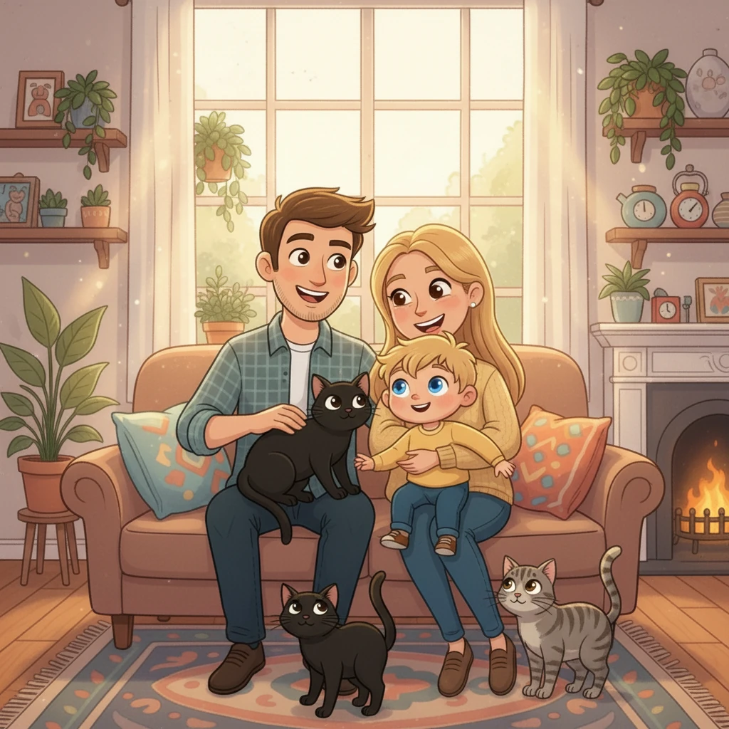Un jour, une surprise arriva : c'était Arthur ! Un petit garçon aux yeux brillants et aux cheveux blonds. Papa et maman étaient ravis, mais les chats, eux, étaient un peu perplexes. Un nouveau membre dans la famille, c'était un grand changement !