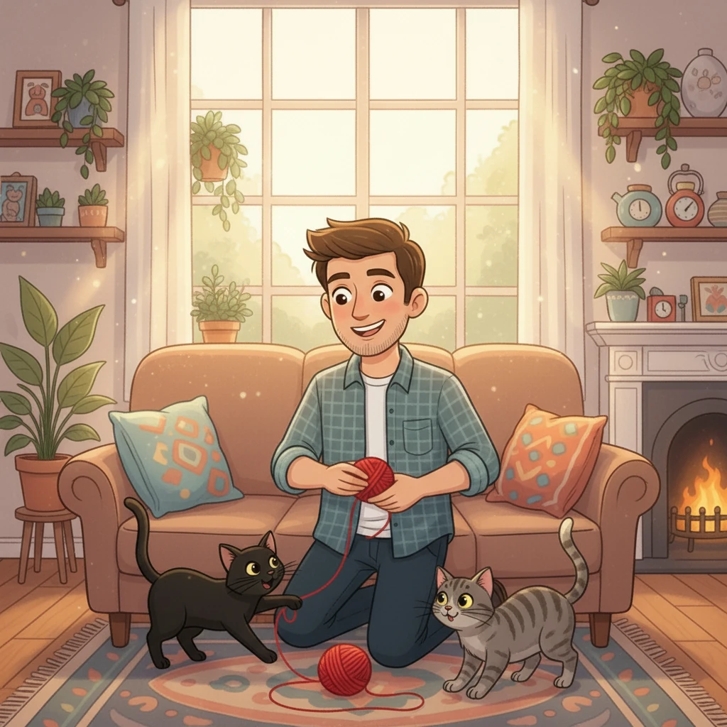 Un matin, Arthur, tout excité, attrapa une pelote de laine et commença à jouer avec Titi. Loulou, intrigué, s'approcha prudemment. Le regard des chats s'adoucit, et ils comprirent que ce petit humain était aussi une source de joie.