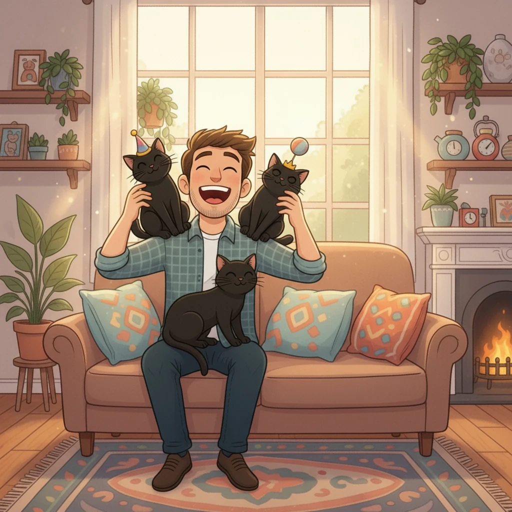 Les trois compères devinrent inséparables. Arthur riait aux éclats lorsque les chats lui faisaient des pitreries. Titi et Loulou se blottissaient contre lui pour les siestes, partageant leur amour inconditionnel.