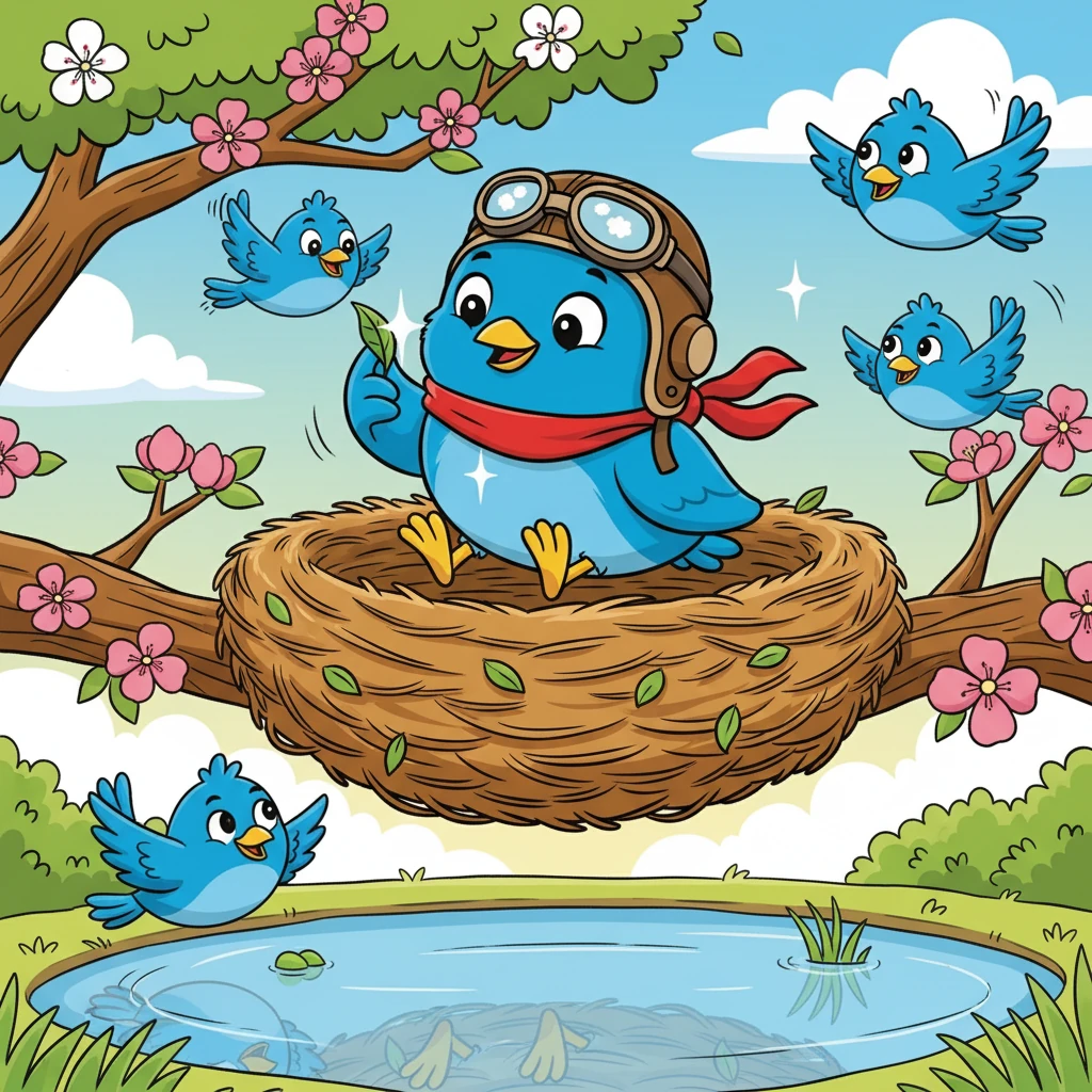 Um pequeno passarinho azul chamado Lalu vivia em um ninho aconchegante no alto de uma árvore florida. Ele tinha asas brilhantes, um topete fofo e olhos curiosos que refletiam o céu. Lalu adorava se olhar no reflexo da água, limpando suas unhas, arrumando cada pena do topete e polindo o bico até brilhar. Enquanto seus amigos brincavam e voavam felizes, Lalu dizia: “Eu só posso voar quando tudo estiver perfeito — minhas unhas, meu topete, meu bico… tudo do meu jeitinho!”