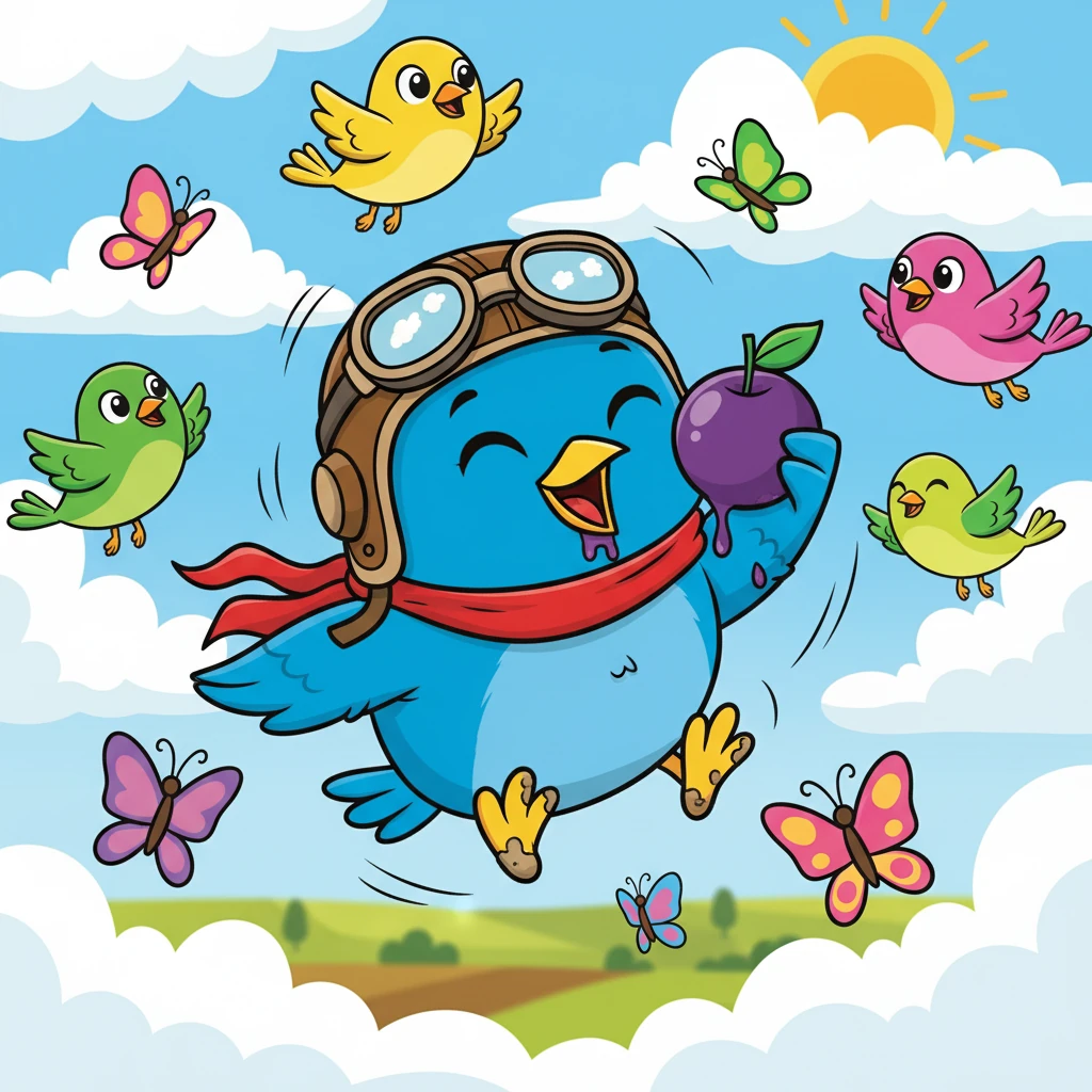 Lalu dá risadas e voa mais alto. Ele brinca com os amigos entre as nuvens e borboletas, prova frutas doces e sente o vento bagunçar suas penas. Quando volta para casa, está cheio de alegria, com o bico sujo, os pezinhos enlameados e cheio de histórias pra contar.