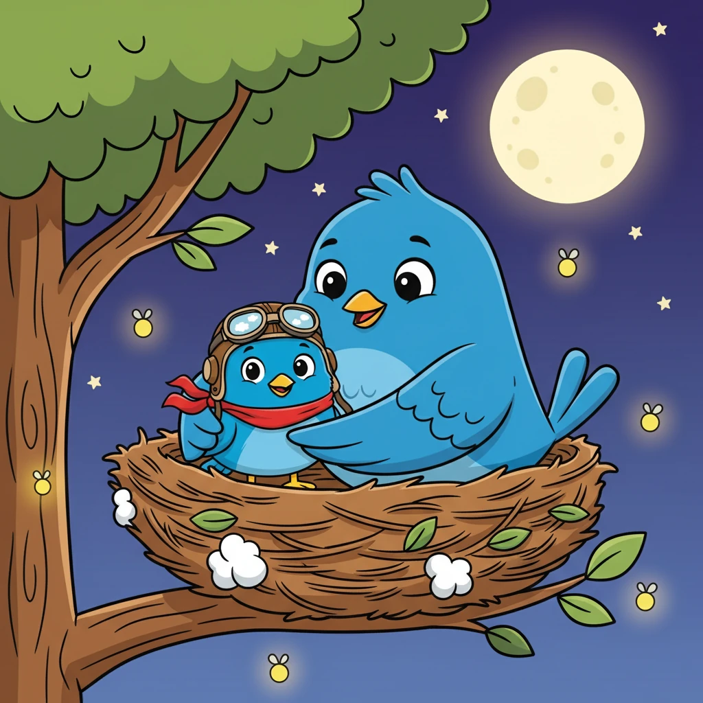 À noite, descansando no ninho ao lado da mamãe, Lalu diz baixinho: “Mamãe, não precisa estar tudo perfeito pra voar.” Ela sorri e responde: “É isso mesmo, meu amor. Pra voar, só é preciso coragem.”