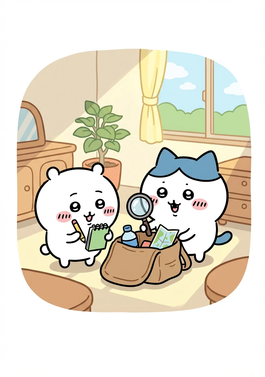 One sunny morning, Chiikawa and Hachiware packed a small bag. Inside were a notebook, a pencil, and a magnifying glass. “Today,” said Hachiware, “we’re going to look for bugs!
