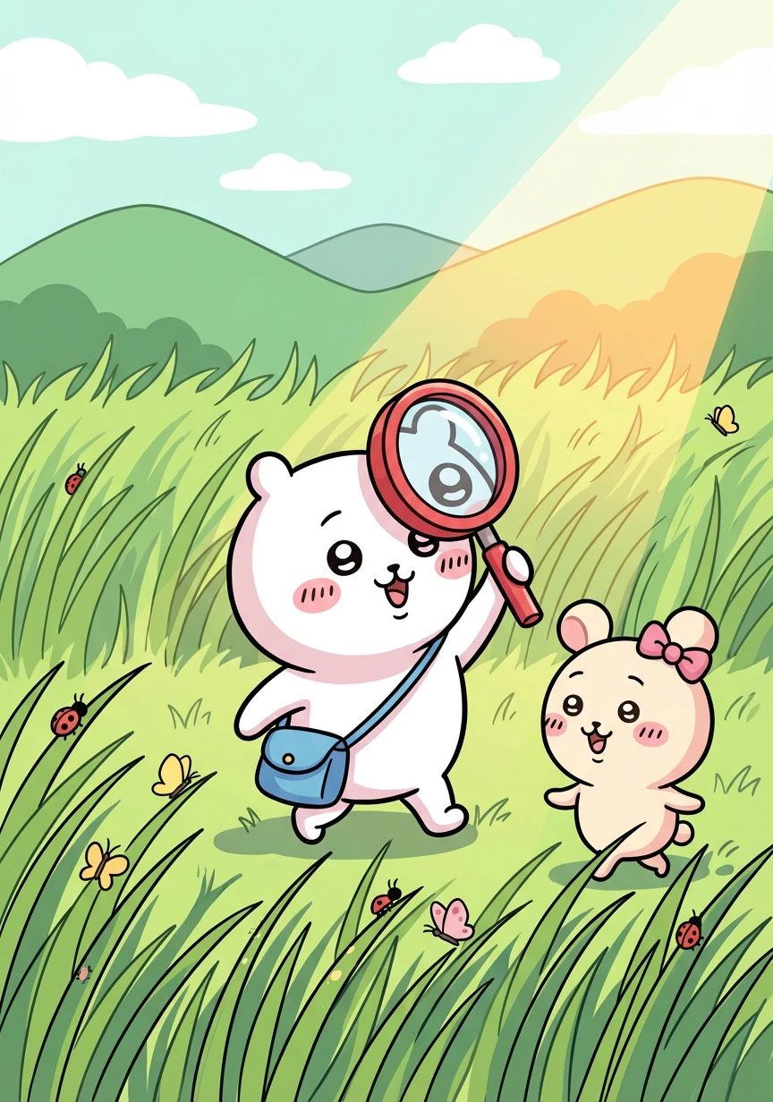 They walked into a field of tall grass, the sun warm on their backs. Chiikawa held the magnifying glass high, ready to examine every tiny creature.