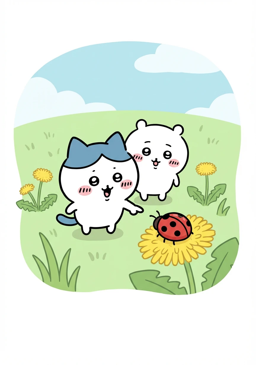 Suddenly, Hachiware spotted a bright red ladybug crawling on a dandelion. “Look, Chiikawa! A ladybug!” he exclaimed, pointing excitedly.