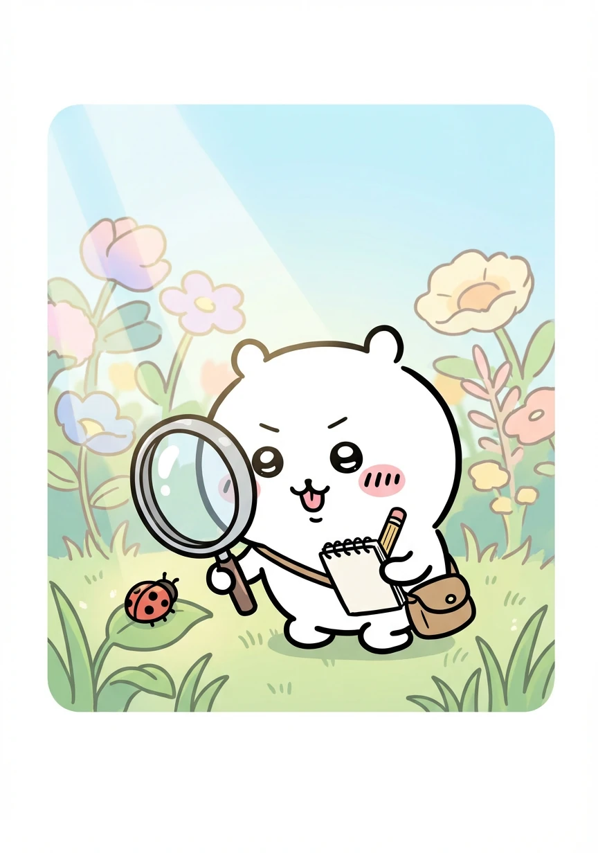 Chiikawa carefully approached the ladybug, peering at it through the magnifying glass. He sketched its spots in his notebook, his tongue sticking out in concentration.