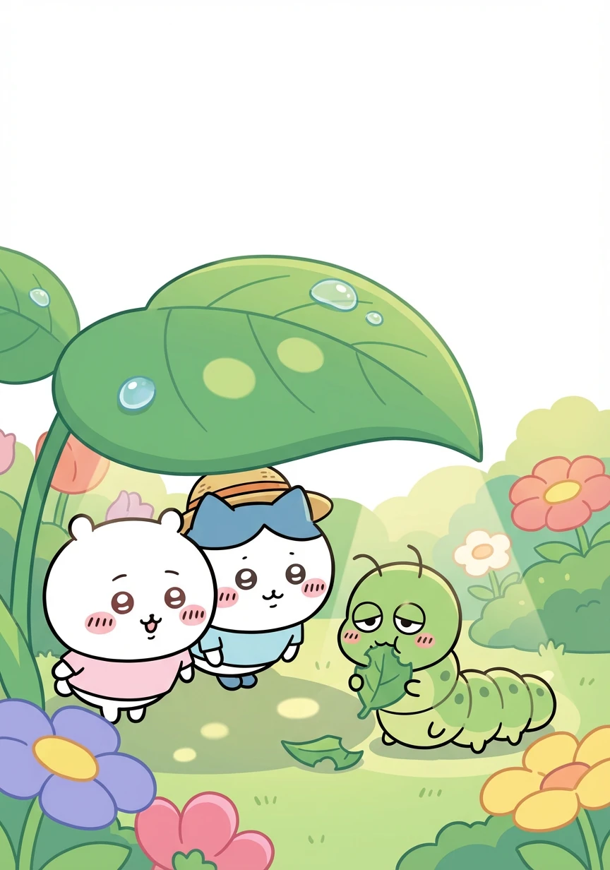 Hidden beneath a large leaf, they discovered a sleepy caterpillar munching on a leaf. It was green and plump, and Chiikawa wondered what kind of butterfly it would become.