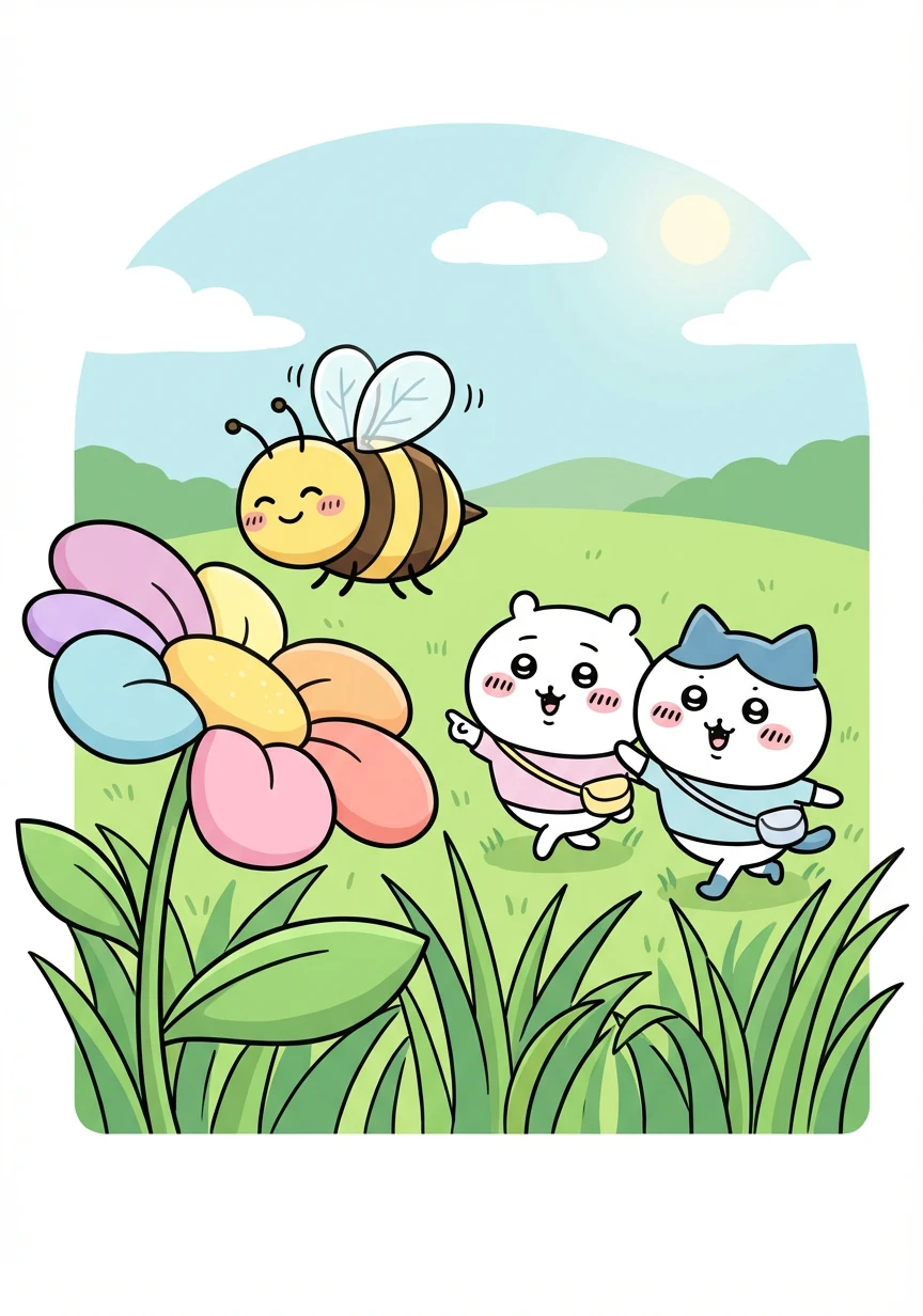 A buzzing bee flew past, heading towards a colorful flower. Chiikawa and Hachiware followed it, curious to see where it would land.