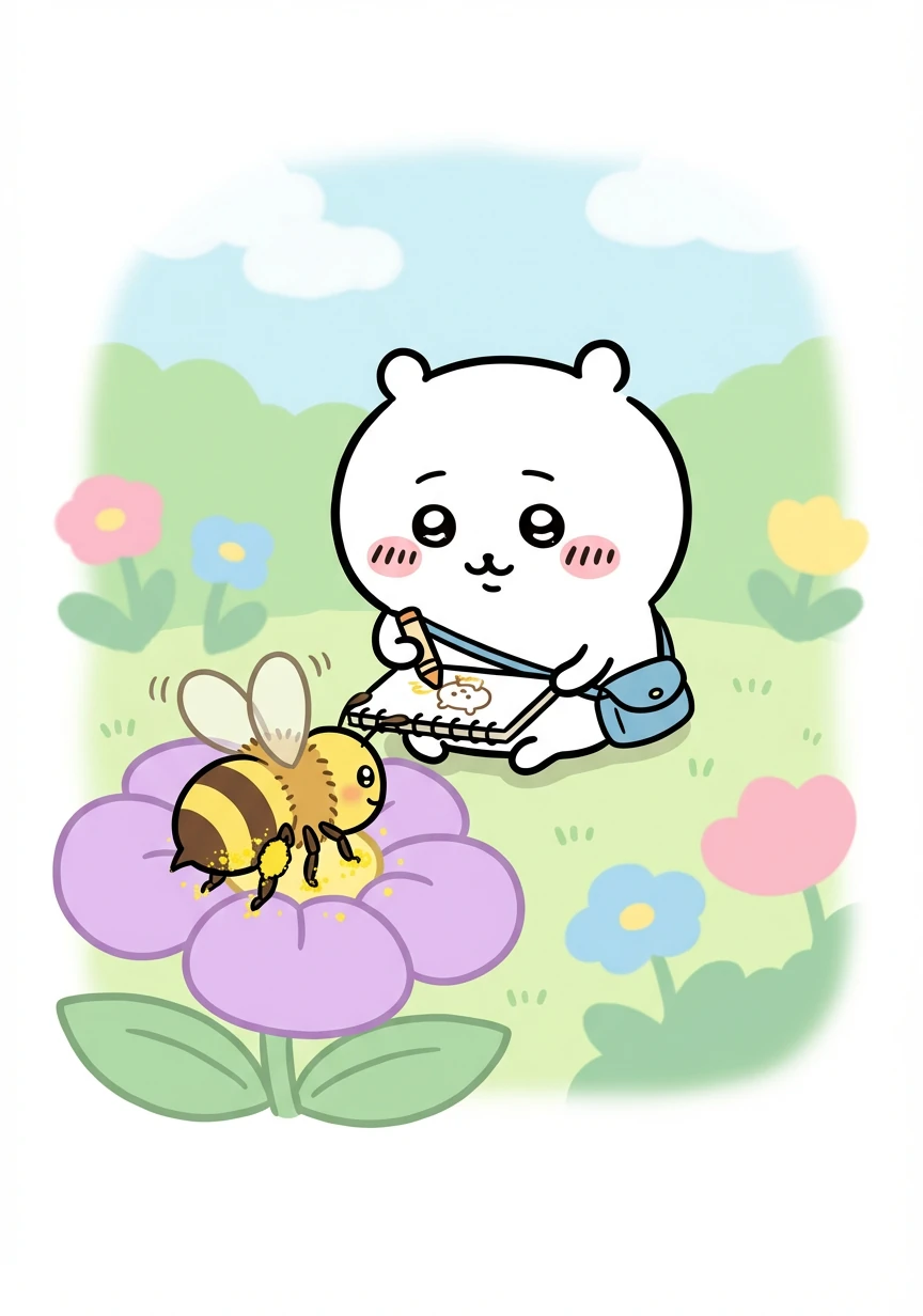 They observed the bee collecting nectar, its legs covered in yellow pollen. Chiikawa drew a picture of the bee, carefully noting its fuzzy body.