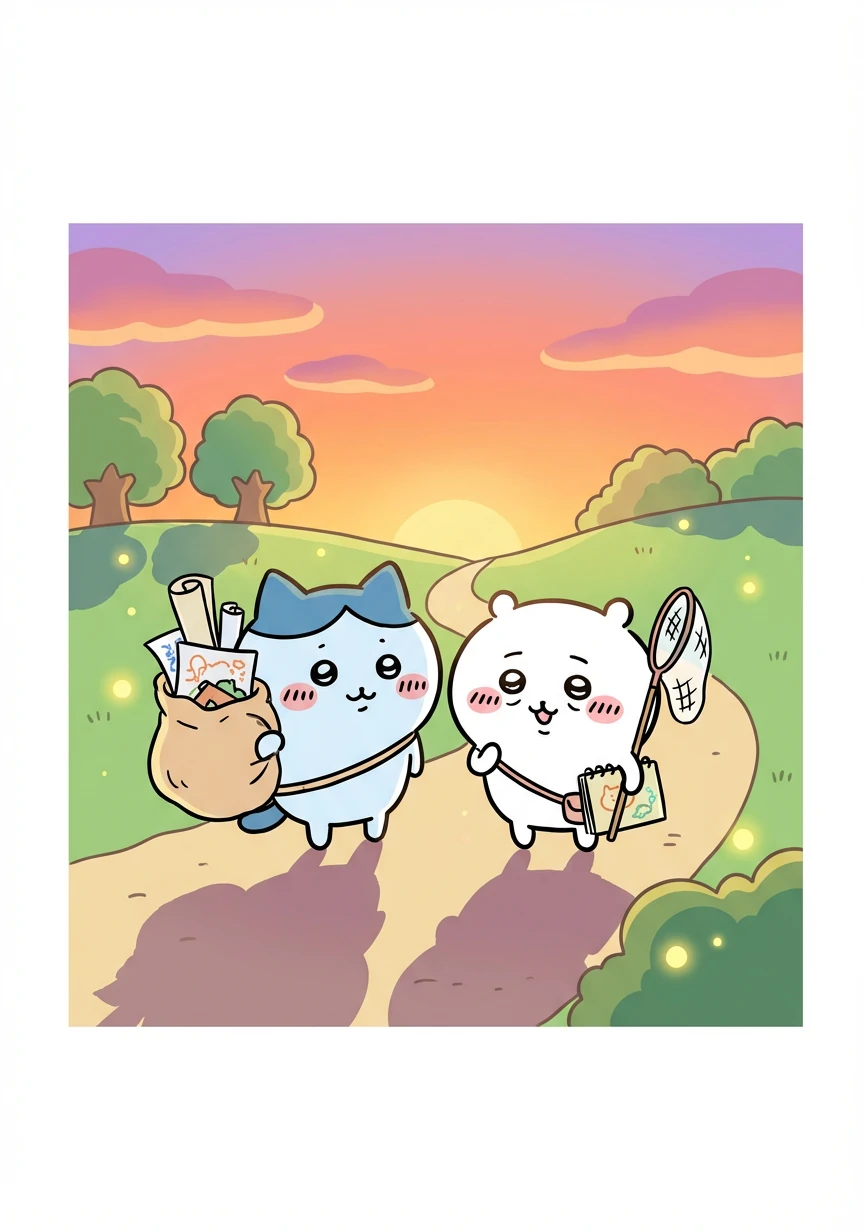 As the sun began to set, Chiikawa and Hachiware returned home, their bag filled with memories and sketches. They were tired but happy from their exciting bug hunt.