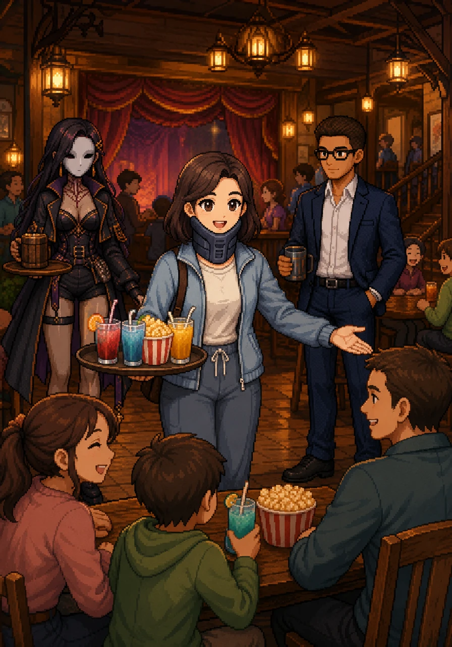Under the warm, glowing lights of the cozy resort-town melodrama theater, Melody beams as she serves colorful drinks and snacks to laughing guests. The rustic wooden tavern is filled with energy, and she cheerfully ushers families to their seats, ready for a night of theatrical magic.